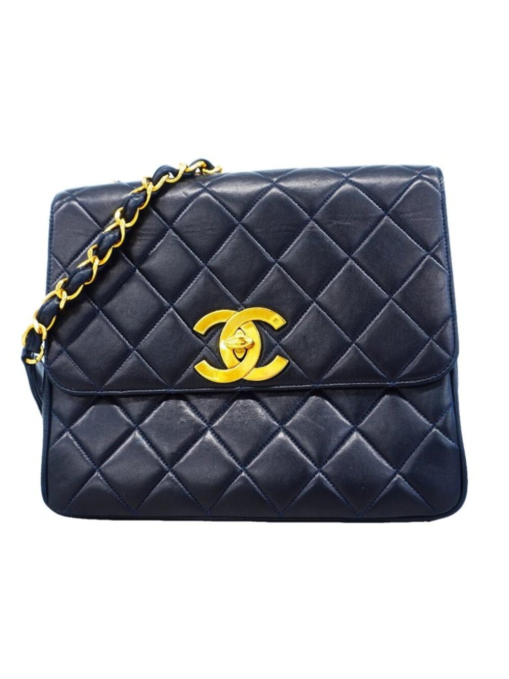 Chanel Shoulder Bag Quilted Jumbo CC Logo Lambskin Navy Gold